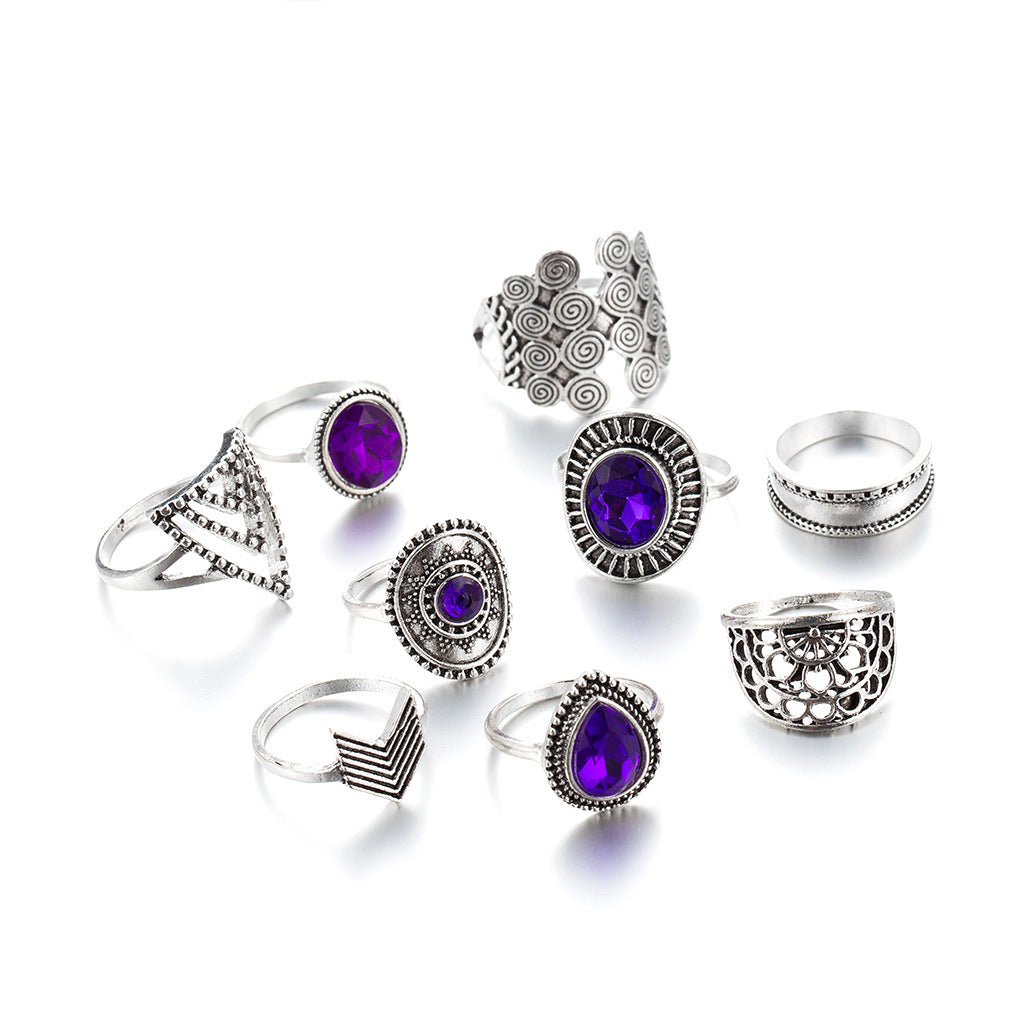Wholesale Vintage Water Drop Amethyst Alloy Rings Set of 9